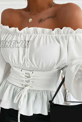 Hnewly - Casual Solid Flounce Off The Shoulder Tops(5 Colors) White / Xs Tops/Long Sleeve Tops